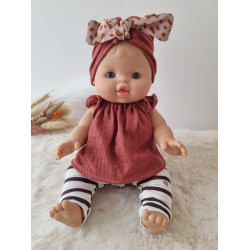Ensemble poupee 32-36cm : legging rayures mauve, haut gaze rouille et turban