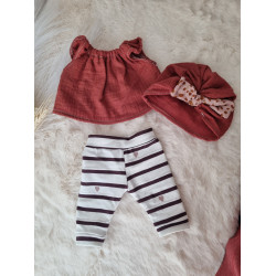 Ensemble poupee 32-36cm : legging rayures mauve, haut gaze rouille et turban