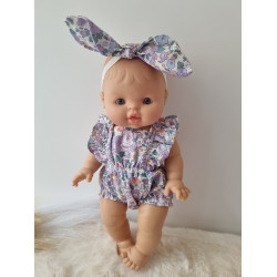 Combinaison short poupee 32-36cm et bandeau noeud coton fleuris mauve