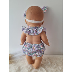 Combinaison short poupee 32-36cm et bandeau noeud coton fleuris mauve