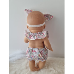 Combinaison short poupee 32-36cm et bandeau noeud coton fleuris rose pale