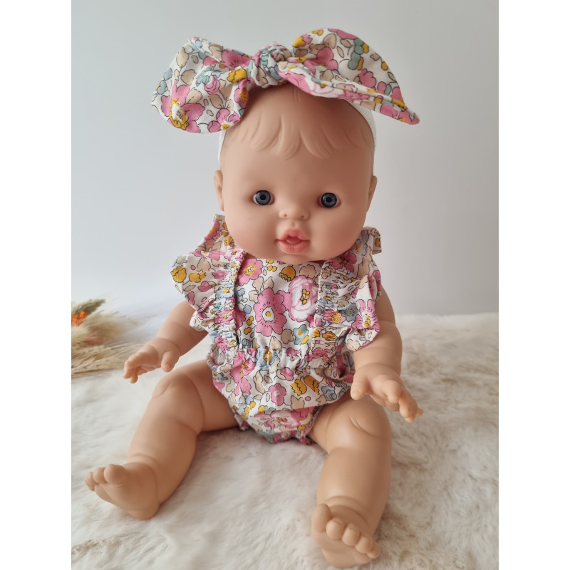 Combinaison short poupee 32-36cm et bandeau noeud coton fleuris rose
