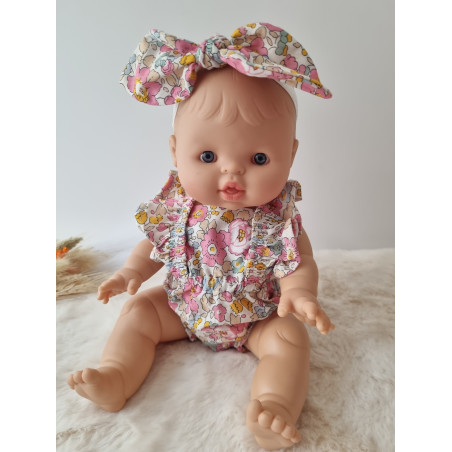 Combinaison short poupee 32-36cm et bandeau noeud coton fleuris rose