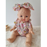 Combinaison short poupee 32-36cm et bandeau noeud coton fleuris rose