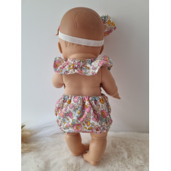 Combinaison short poupee 32-36cm et bandeau noeud coton fleuris rose