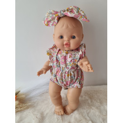Combinaison short poupee 32-36cm et bandeau noeud coton fleuris rose