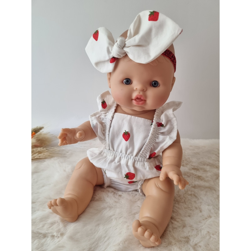 Combinaison short poupee 32-36cm et bandeau noeud coton blanc fraises