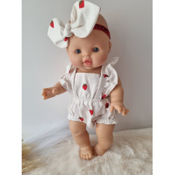 Combinaison short poupee 32-36cm et bandeau noeud coton blanc fraises