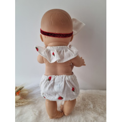 Combinaison short poupee 32-36cm et bandeau noeud coton blanc fraises