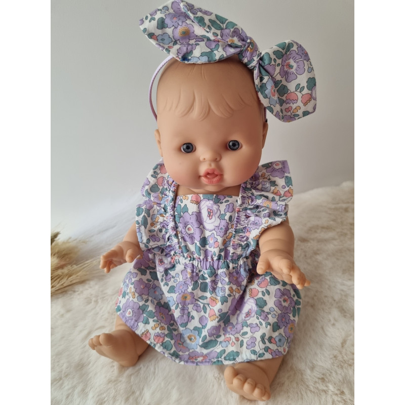 Combi robe poupee 32-36cm et serre tete noeud coton fleuris mauve