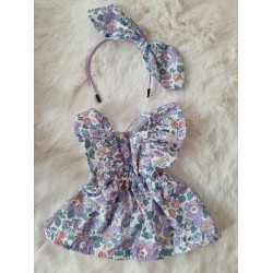 Combi robe poupee 32-36cm et serre tete noeud coton fleuris mauve