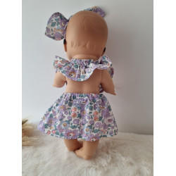 Combi robe poupee 32-36cm et serre tete noeud coton fleuris mauve