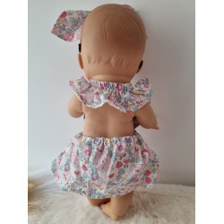 Combi robe poupee 32-36cm et serre tete noeud coton fleuris rose clair