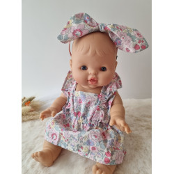 Combi robe poupee 32-36cm et serre tete noeud coton fleuris rose clair