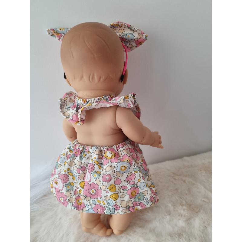 Combi robe poupee 32-36cm et serre tete noeud coton fleuris rose