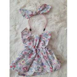 Combi robe poupee 32-36cm et serre tete noeud coton fleuris rose