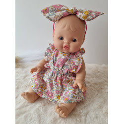 Combi robe poupee 32-36cm et serre tete noeud coton fleuris rose