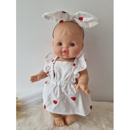 Combi robe poupee 32-36cm et serre tete noeud coton blanc fraises