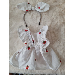 Combi robe poupee 32-36cm et serre tete noeud coton blanc fraises