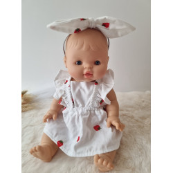 Combi robe poupee 32-36cm et serre tete noeud coton blanc fraises