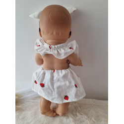 Combi robe poupee 32-36cm et serre tete noeud coton blanc fraises