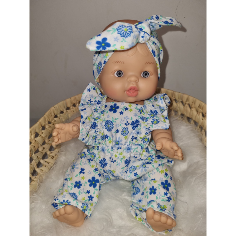 Combinaison longue poupee 32-36cm et bandeau coton fleurs bleues
