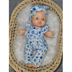 Combinaison longue poupee 32-36cm et bandeau coton fleurs bleues