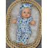 Combinaison longue poupee 32-36cm et bandeau coton fleurs bleues