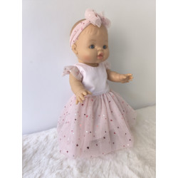 Robe poupee 32-36cm tulle coeurs rose et bandeau assorti
