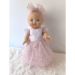 Robe poupee 32-36cm tulle coeurs rose et bandeau assorti