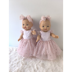 Robe poupee 32-36cm tulle coeurs rose et bandeau assorti