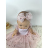 Robe poupee 32-36cm tulle coeurs rose et bandeau assorti