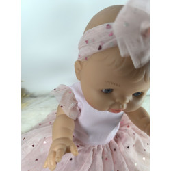 Robe poupee 32-36cm tulle coeurs rose et bandeau assorti
