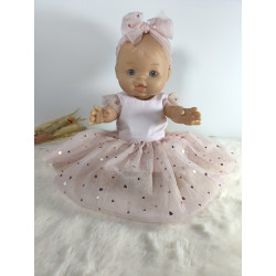 Robe poupee 32-36cm tulle coeurs rose et bandeau assorti