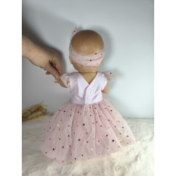 Robe poupee 32-36cm tulle coeurs rose et bandeau assorti