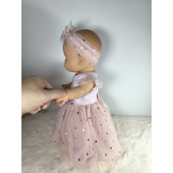 Robe poupee 32-36cm tulle coeurs rose et bandeau assorti