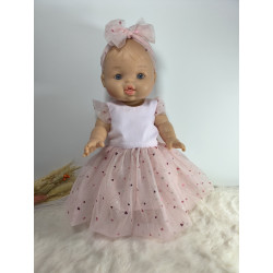 Robe poupee 32-36cm tulle coeurs rose et bandeau assorti