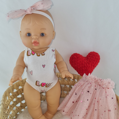Ensemble pour poupée 32-36 cm - Body "Love", jupe en tulle cœur et bandeau assorti
