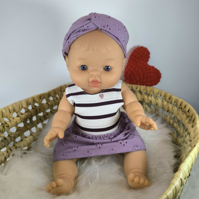 Tenue poupée 32-36cm : body jersey, jupe et bandeau double gaze mauve