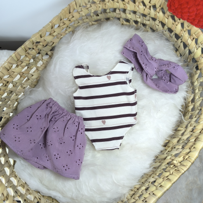 Tenue poupée 32-36cm : body jersey, jupe et bandeau double gaze mauve
