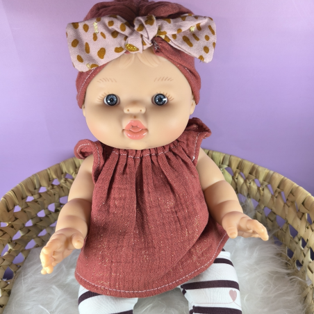 Ensemble poupee 32-36cm : legging rayures mauve, haut gaze rouille et turban