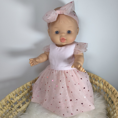 Robe poupee 32-36cm tulle coeurs rose et bandeau assorti