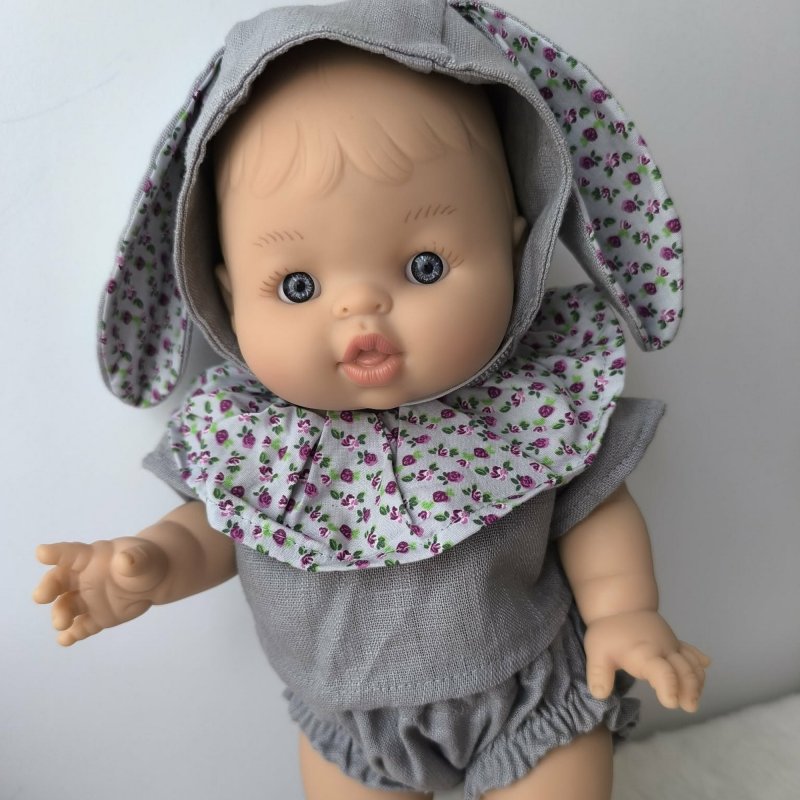 Ensemble bloomer, t-shirt à collerette et béguin oreilles de lapin pour poupées 32-36 cm - Cousu main