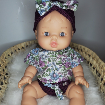 Ensemble crochet violet pour poupées 32-36 cm avec t-shirt imprimé