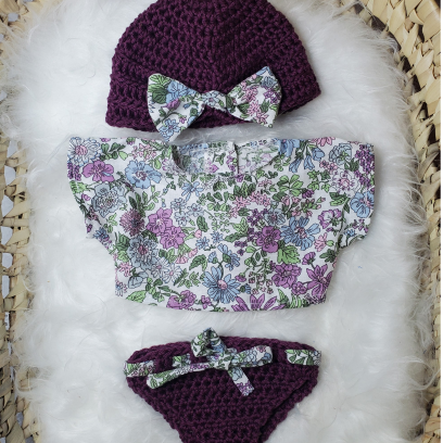 Ensemble crochet violet pour poupées 32-36 cm avec t-shirt imprimé