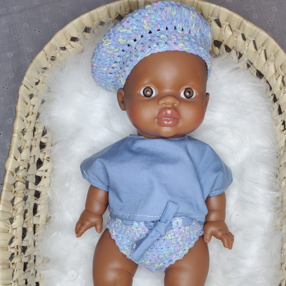Ensemble crochet pour poupée - Culotte, T-shirt et Beret bleu, 32-36 cm