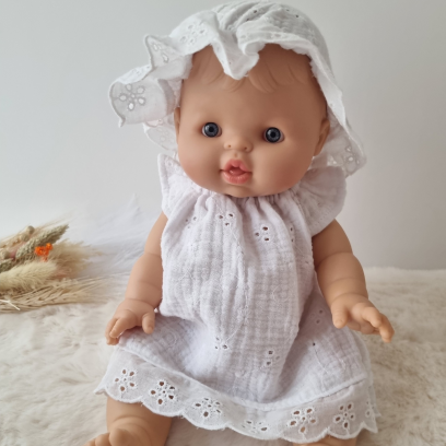 Robe poupee 32-36cm et chapeau charlotte en double gaze dentelle blanc