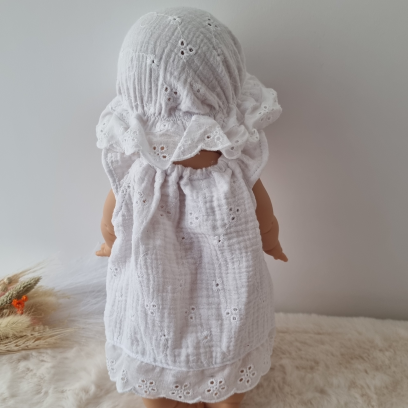 Robe poupee 32-36cm et chapeau charlotte en double gaze dentelle blanc