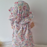Robe et chapeau charlotte poupee 32-36cm coton fleuris tons roses