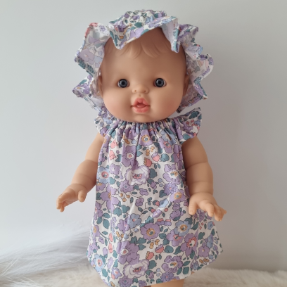 Robe et chapeau charlotte poupee 32-36cm coton fleuris tons violet